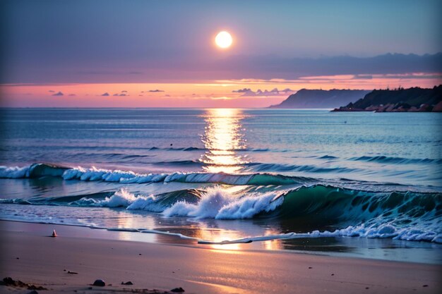 A beach with a sunset in the background