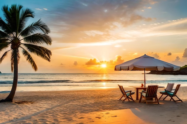 A beach with a sunset and a beach chair and umbrella