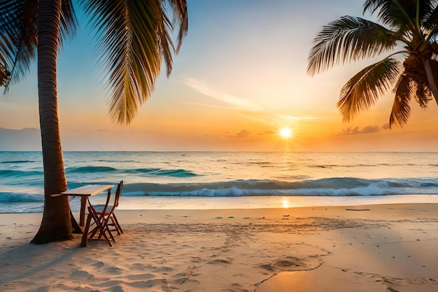 A beach with a sunset and chairs on the beach