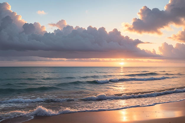 A beach with a sunset and clouds