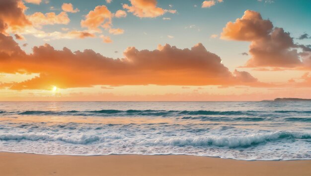 A beach with a sunset and a couple walking on the sand