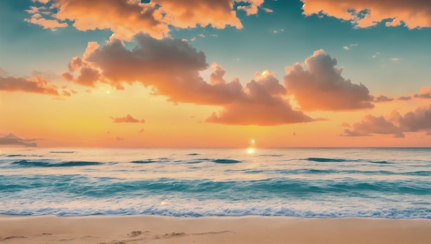 A beach with a sunset and a couple walking on the sand