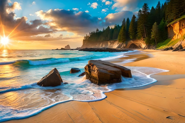 A beach with a sunset and a large rock on the shore