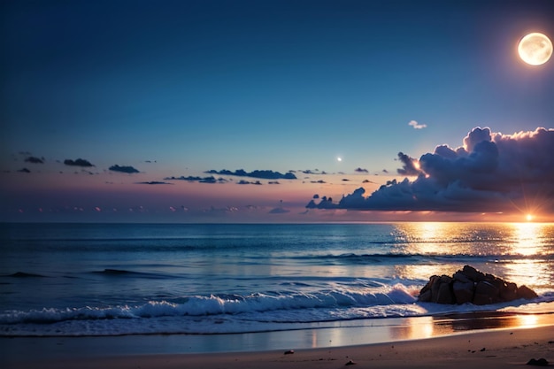 A beach with a sunset and the moon in the sky