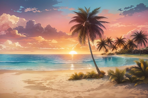 A beach with a sunset and palm trees