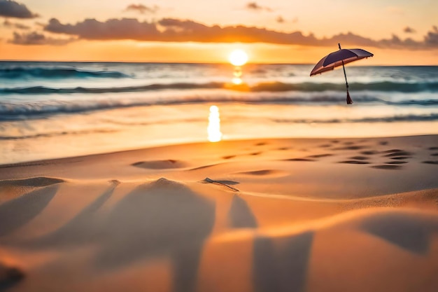 Пляж с закатом солнца и зонтиком на нем