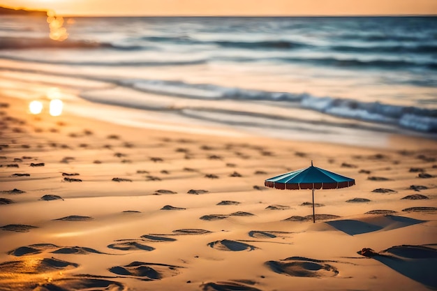 A beach with a sunset and a parasol on it