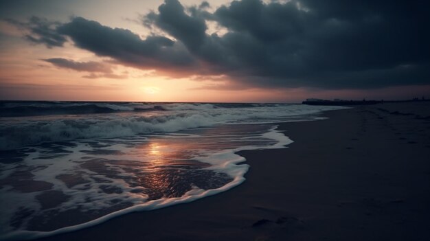 A beach with a sunset and the sun setting behind it