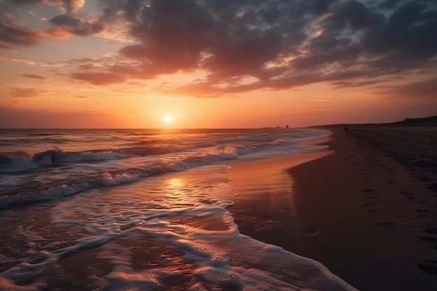 A beach with a sunset and the sun setting over the ocean.