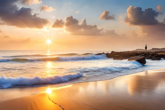 A beach with a sunset and the sun shining on it