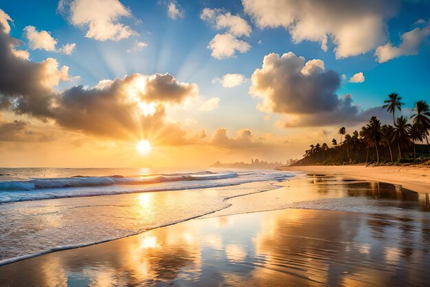 A beach with a sunset and the sun shining through the clouds