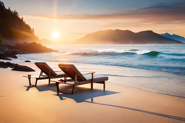 A beach with a sunset and two lounge chairs on the beach.