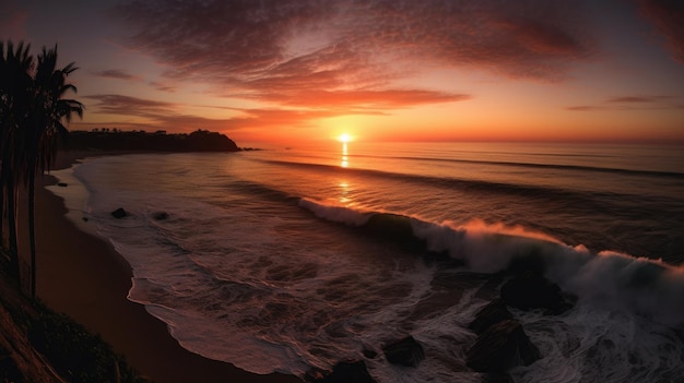 A beach with a sunset and a wave crashing in the water