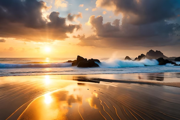 A beach with a sunset and waves crashing on the shore