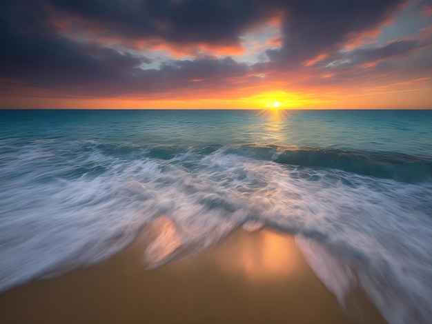 A beach with a sunset and waves on it