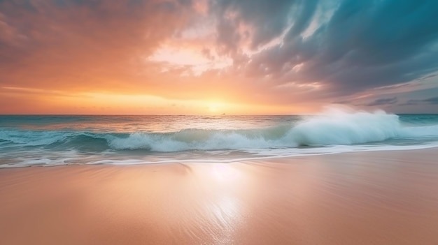 A beach with a sunset and waves