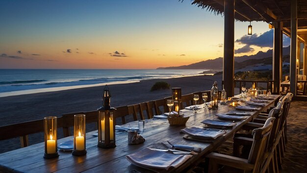 A beach with tables set up for dining