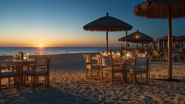 A beach with tables set up for dining