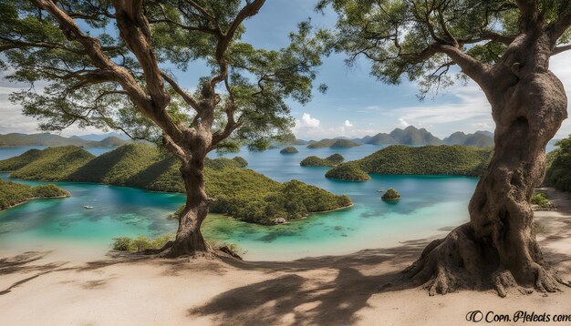 Photo a beach with a tree and a beach with the ocean in the background