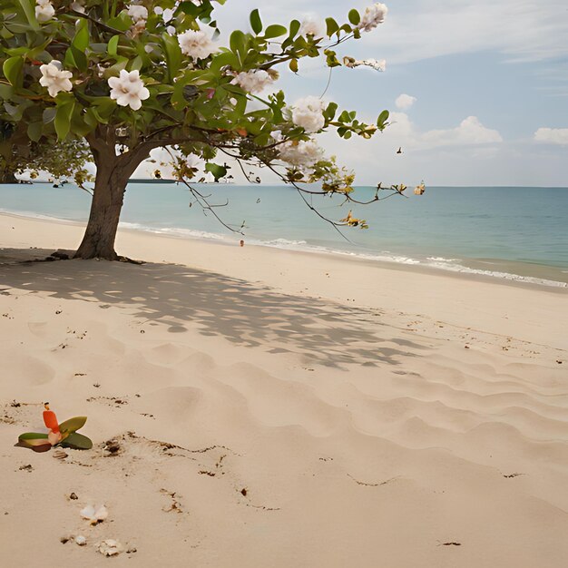 Foto una spiaggia con un albero e fiori su di essa