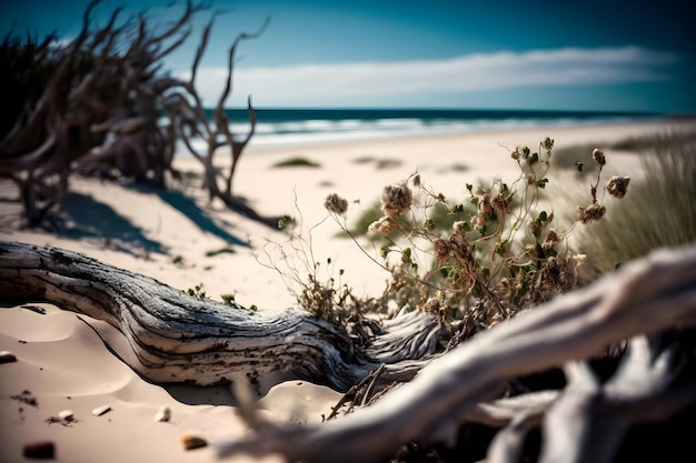 A beach with a tree roots on it