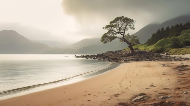 A beach with a tree on the shore and mountains in the background