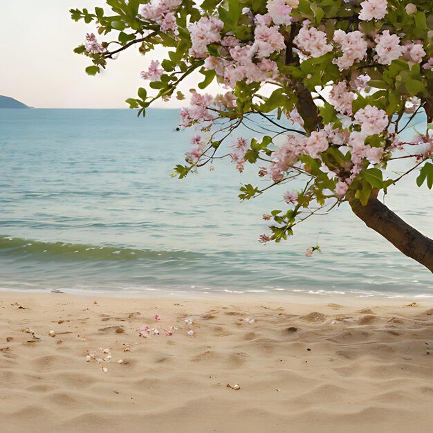 Photo a beach with a tree with a beach in the background