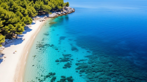 a beach with trees and blue water