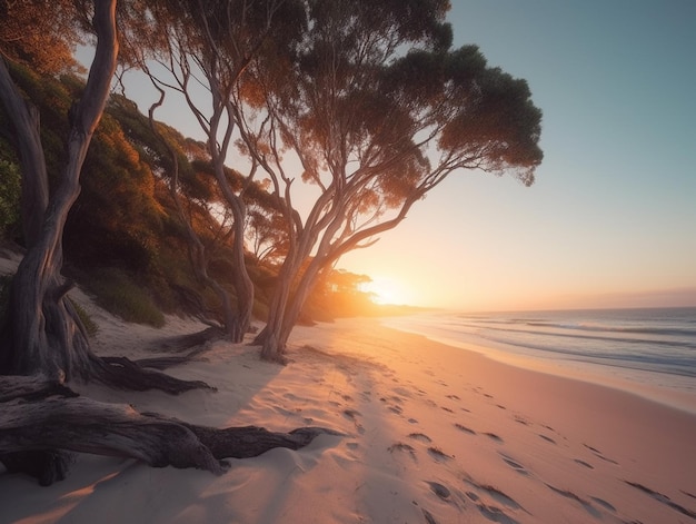 A beach with trees and the sun setting