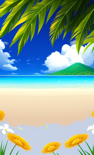 Photo a beach with a tropical island and a green mountain in the background