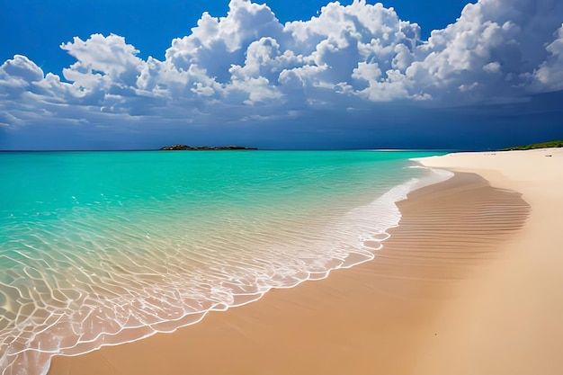 A beach with a turquoise water and white sand.