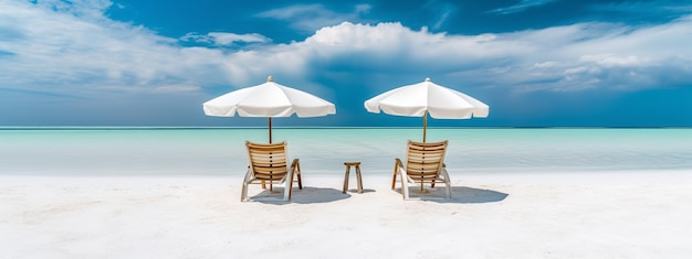 A beach with two beach chairs and umbrellas on it