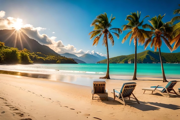 A beach with two chairs and palm trees on the sand