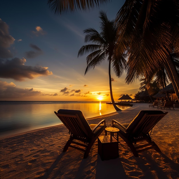 A beach with two lounge chairs and a palm tree on the beach at sunset.