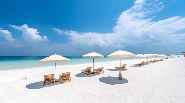 A beach with umbrellas and chairs on it