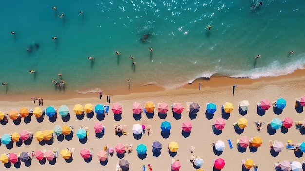 A beach with umbrellas and people on the beach Generative AI Art