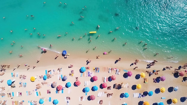 A beach with umbrellas and people on it Generative AI Art