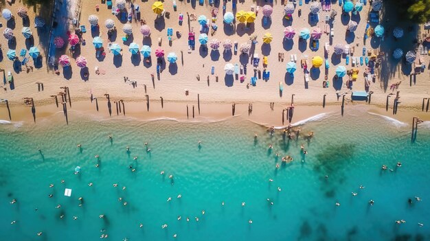 A beach with umbrellas and people on it Generative AI Art