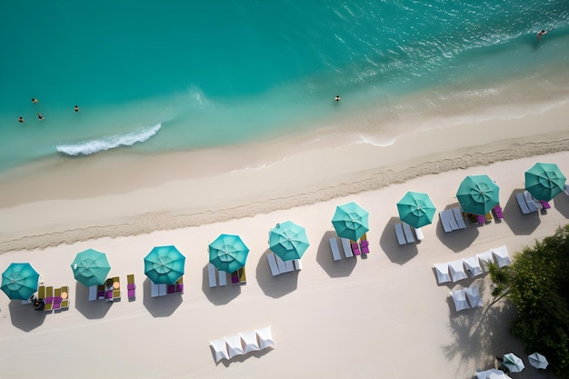 A beach with umbrellas and a surfer in the distance