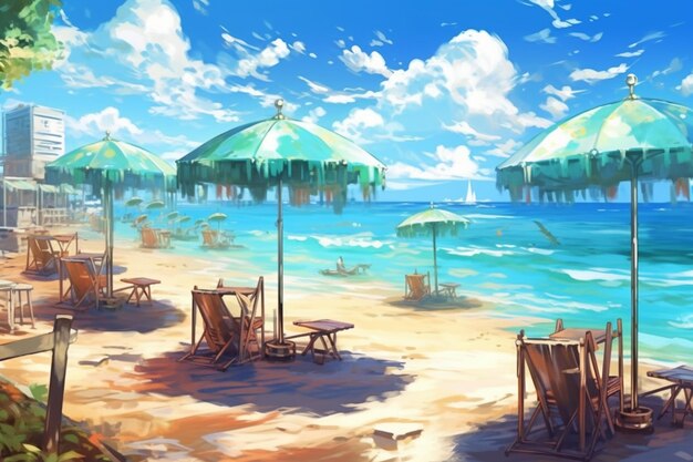 A beach with umbrellas and tables on it and a sailboat in the background