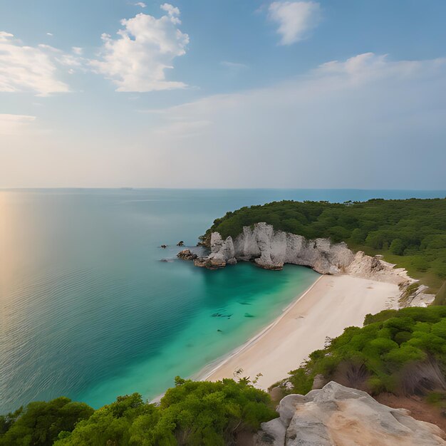 a beach with a view of a beach and a large rock formation