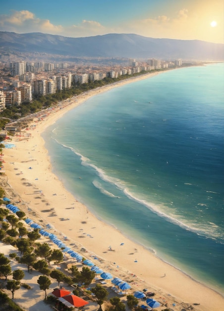 Photo a beach with a view of a city and the sun setting