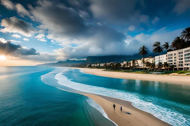 A beach with a view of the mountains and ocean