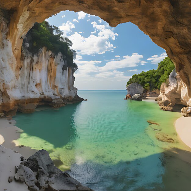 Photo a beach with a view of the ocean and a cave with a beach in the background