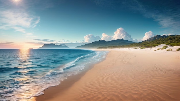 A beach with a view of the ocean and mountains in the background