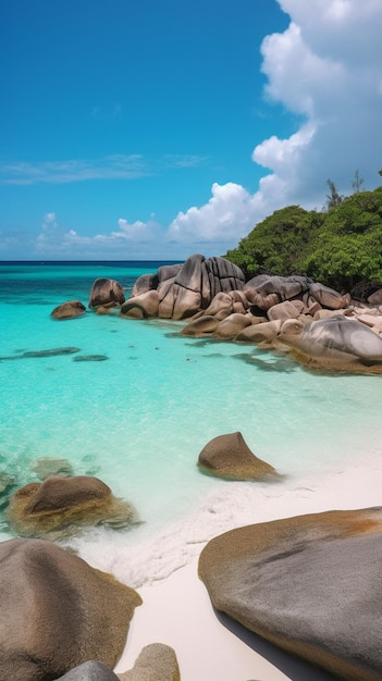 A beach with the water in the foreground and the words, " the baths " on the left.