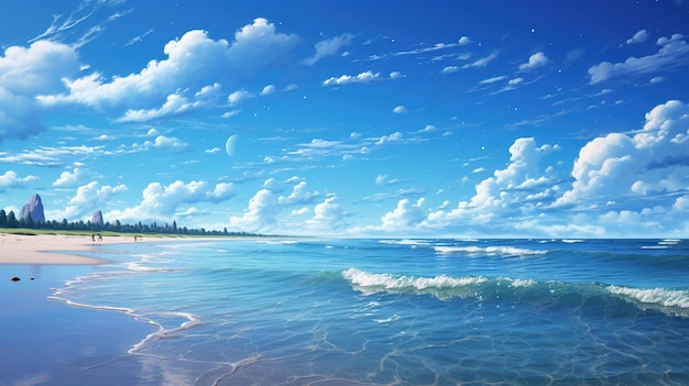 A beach with a wave and the sky in the background