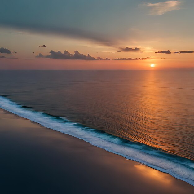 Photo a beach with a wave that has the sun setting on it