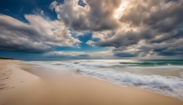 Photo a beach with a wave that is coming in