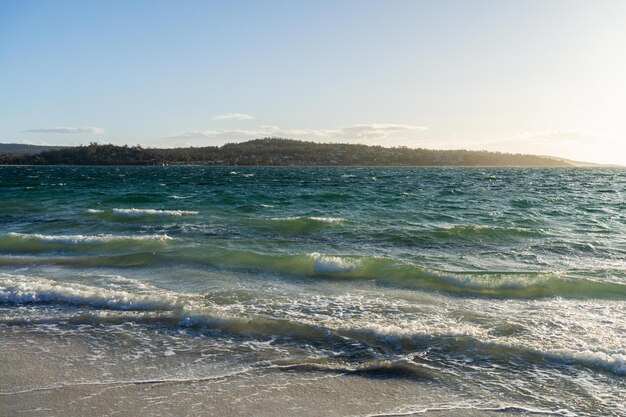 Photo a beach with a wave that is in the water